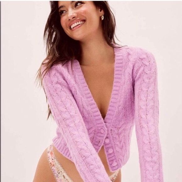 For Love And Lemons Sweaters - For Love And Lemons Pink Cable Knit Cardigan